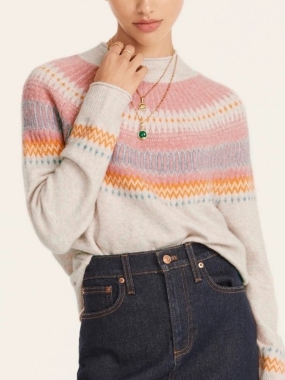 J. Crew cream, orange, pink, & blue fair isle roll neck turtleneck sweater